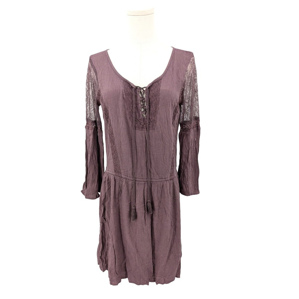 American Eagle Boho Lace Long Sleeve Dress XS – Mauve Crinkle Knit Peasant Style